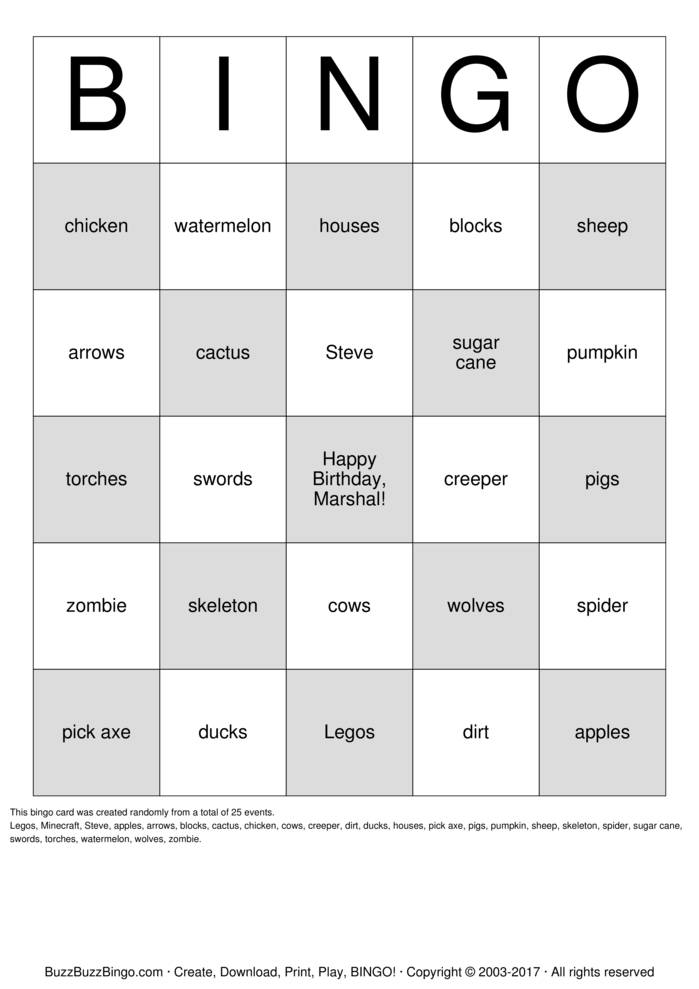 Download Free MineCraft Bingo Cards Download Free MineCraft Bingo Cards