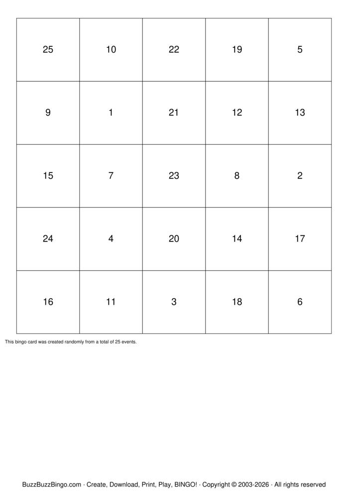 Download Free Numbers 1-31 Bingo Cards