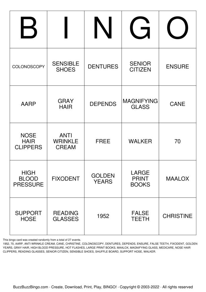 Download Free OVER THE HILL Bingo Cards