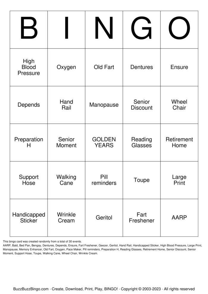 Over the Hill Bingo Cards to Download, Print and Customize!