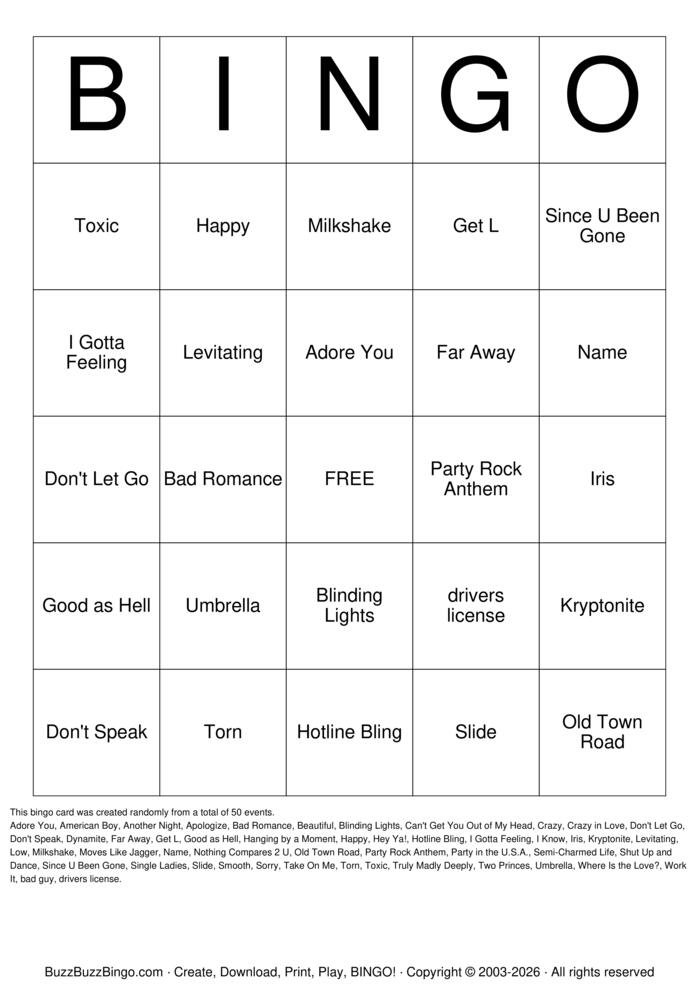 Download Free Pop Songs Bingo Cards Download Free Pop Songs Bingo Cards