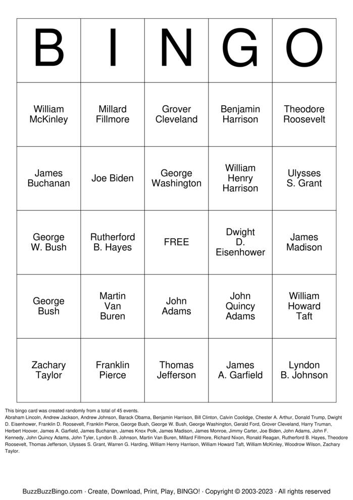 Download Free Presidential Bingo Cards
