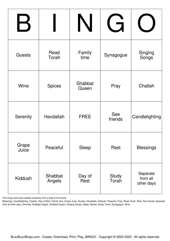 SHABBAT BINGO Bingo Cards to Download, Print and Customize!