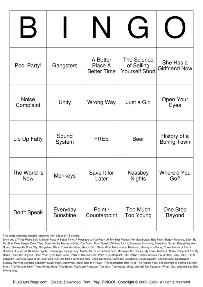 Download Free Ska Punk Titles Bingo Cards