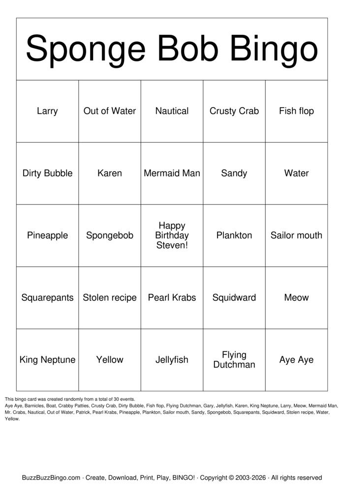 Download Free SpongeBob Bingo Cards