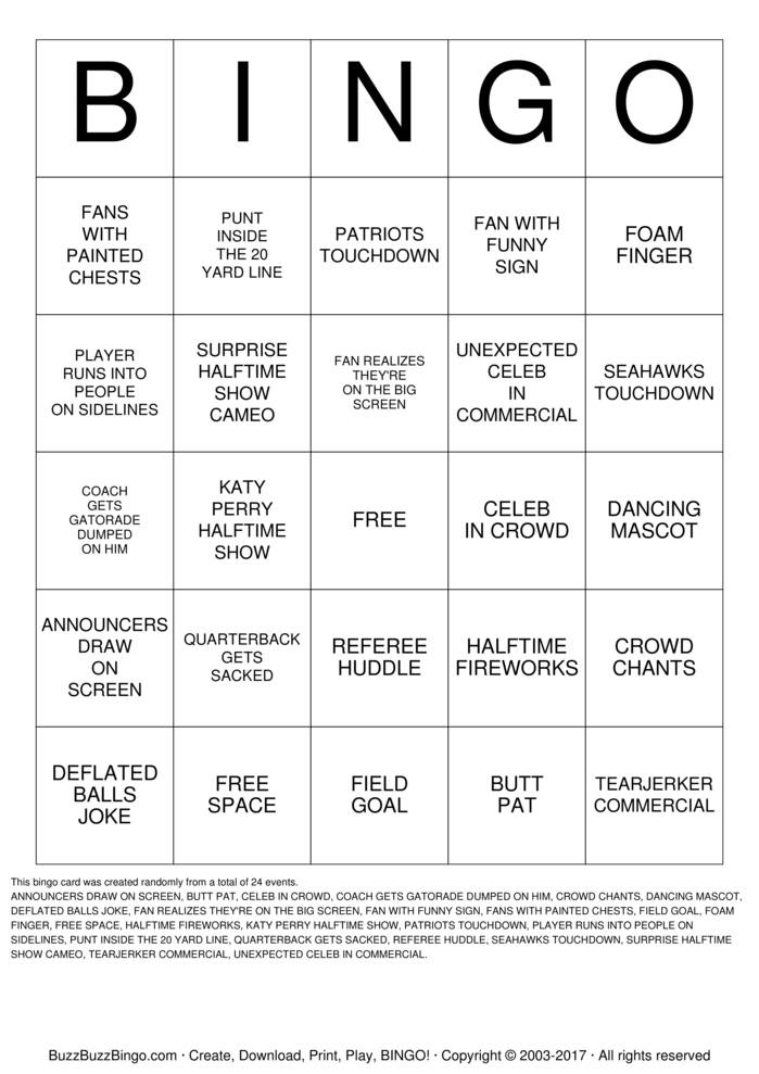 2015 Superbowl NE vs SEA Bingo Cards to Download, Print and Customize!