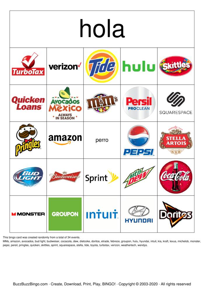 2018 Superbowl Commercial Logos Bingo Cards to Download ...
