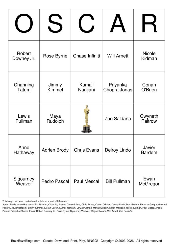 Download Free 2026 Academy Award Oscars Bingo Cards