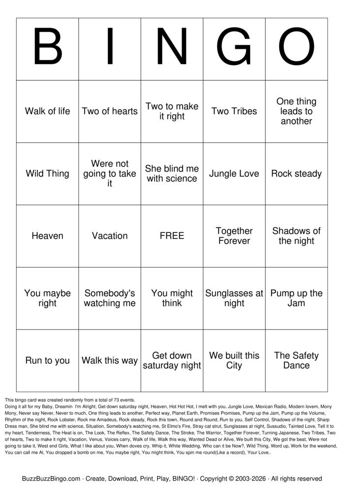 Download Free 80s Hit Machine Bingo Cards