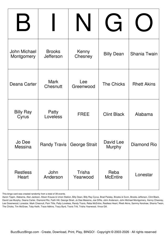 Download Free 90s Country Music Unique Artists Bingo Cards
