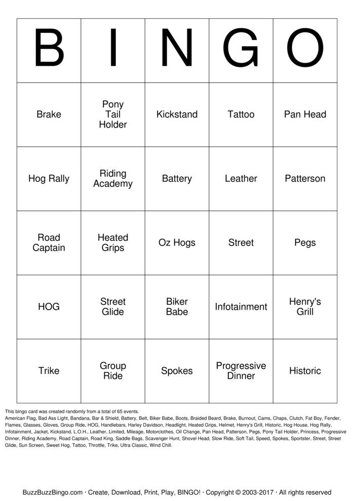 Download Free Biker  Bingo Cards
