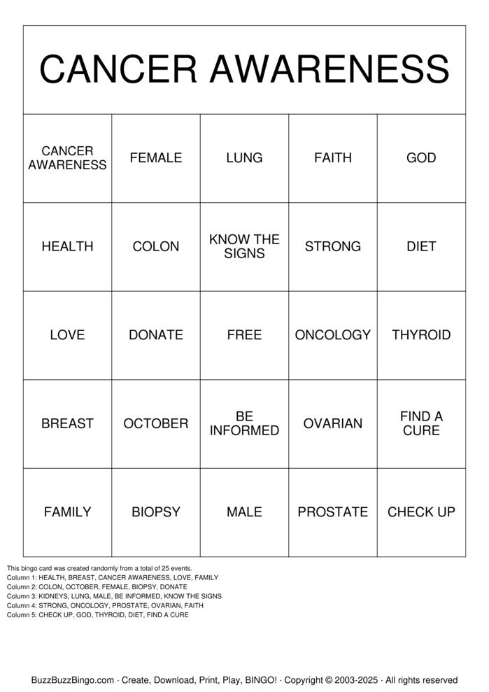 Download Free CANCER AWARENESS  Bingo Cards
