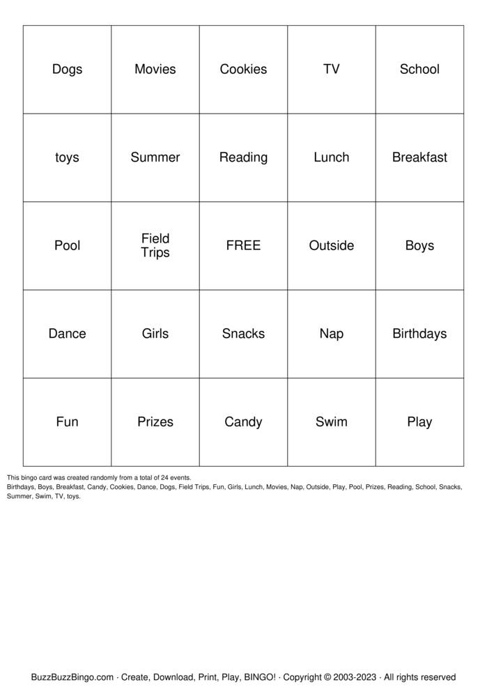 Download Free Daycare Bingo Cards