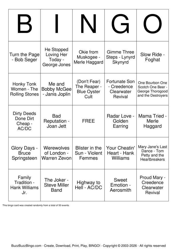 Download Free Dive Bar Jukebox Top 50 Bingo Cards