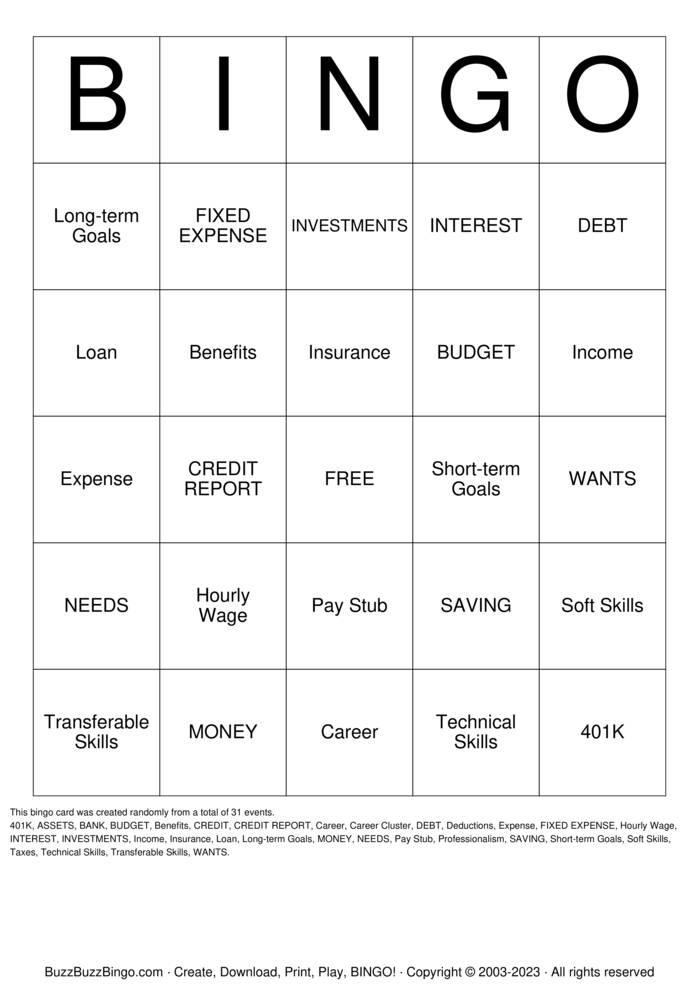 FINANCIAL LITERACY Bingo Cards to Download, Print and Customize!