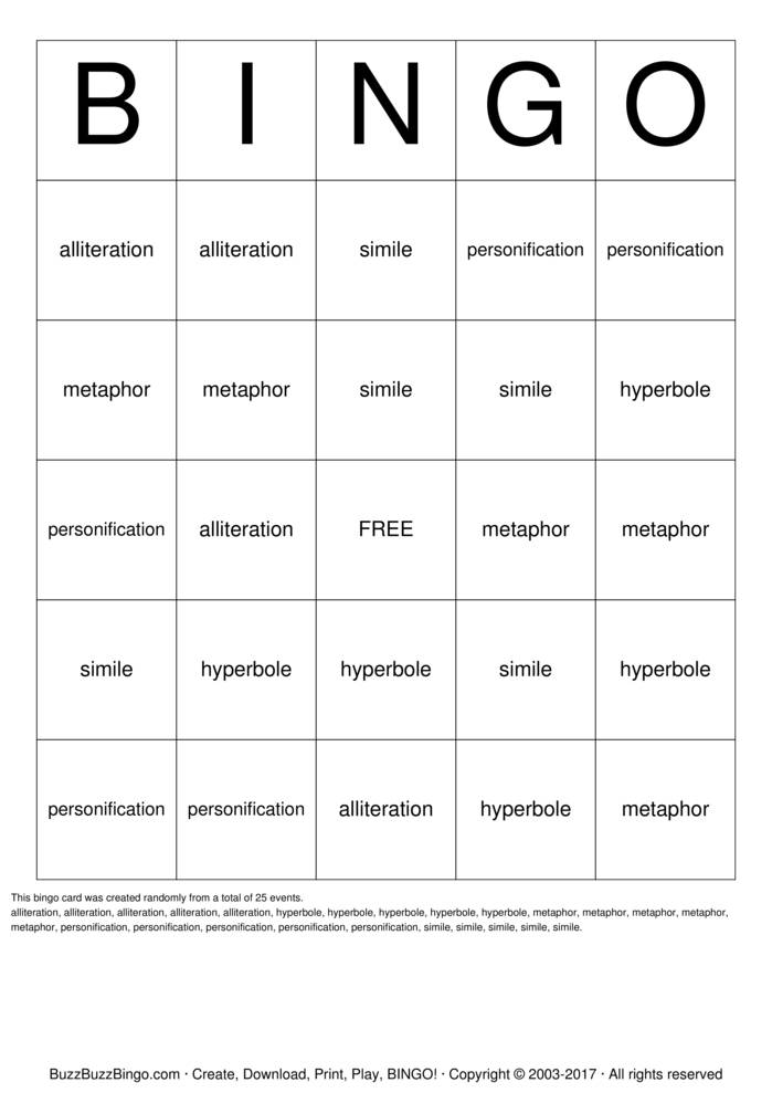 Figurative Language Bingo Bingo Cards to Download, Print and Customize!
