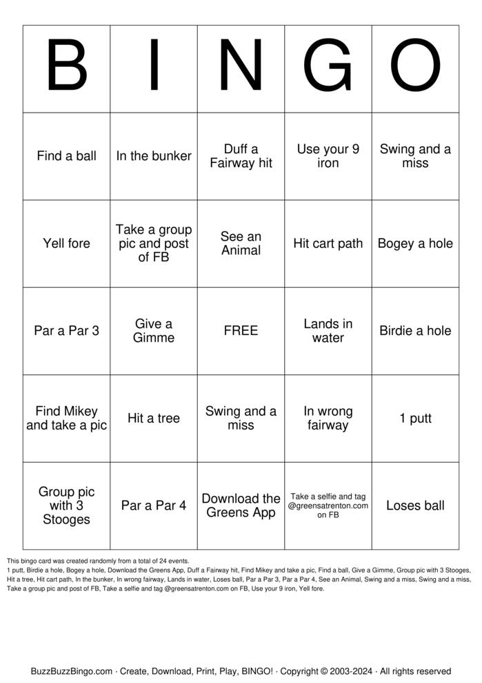 Download Free Golf Bingo Cards
