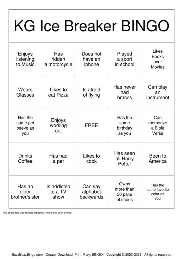 Download Free ICEBREAKER BINGO Bingo Cards