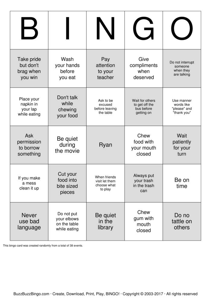 Manners Bingo Cards to Download, Print and Customize!