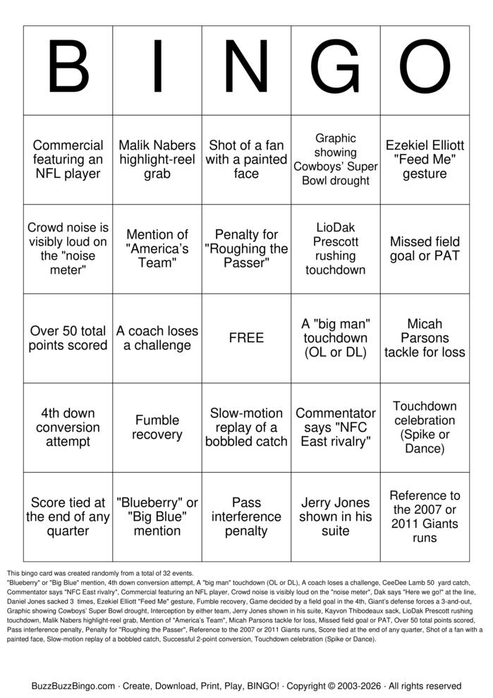 Download Free NFL Bingo Cards