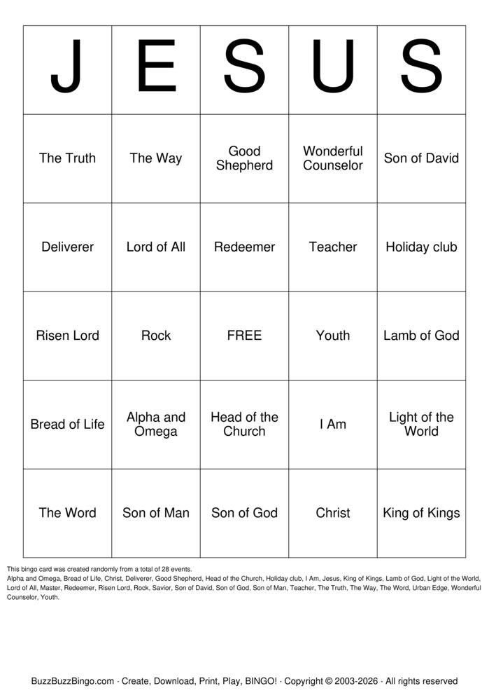 Download Free Names of Jesus Bingo Cards