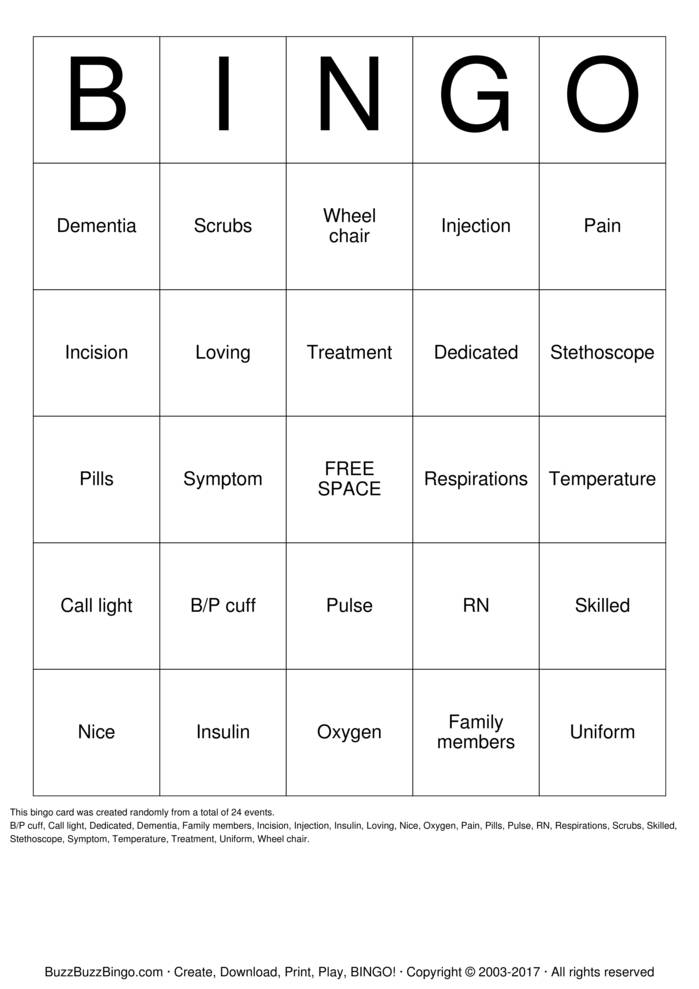 Download Free Nurse Bingo Cards