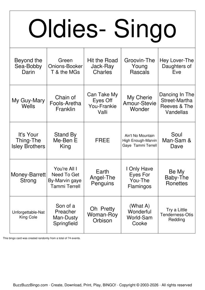 Download Free Oldies-Singo Bingo Cards Download Free Oldies-Singo Bingo Cards