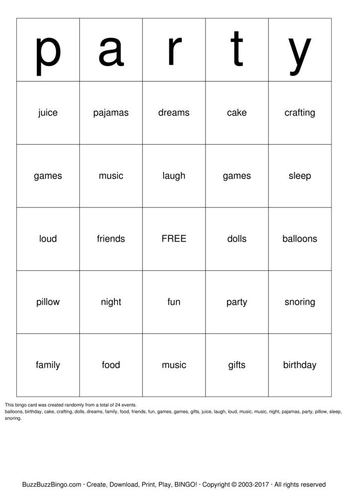 Download Free Pajama Party Bingo Cards