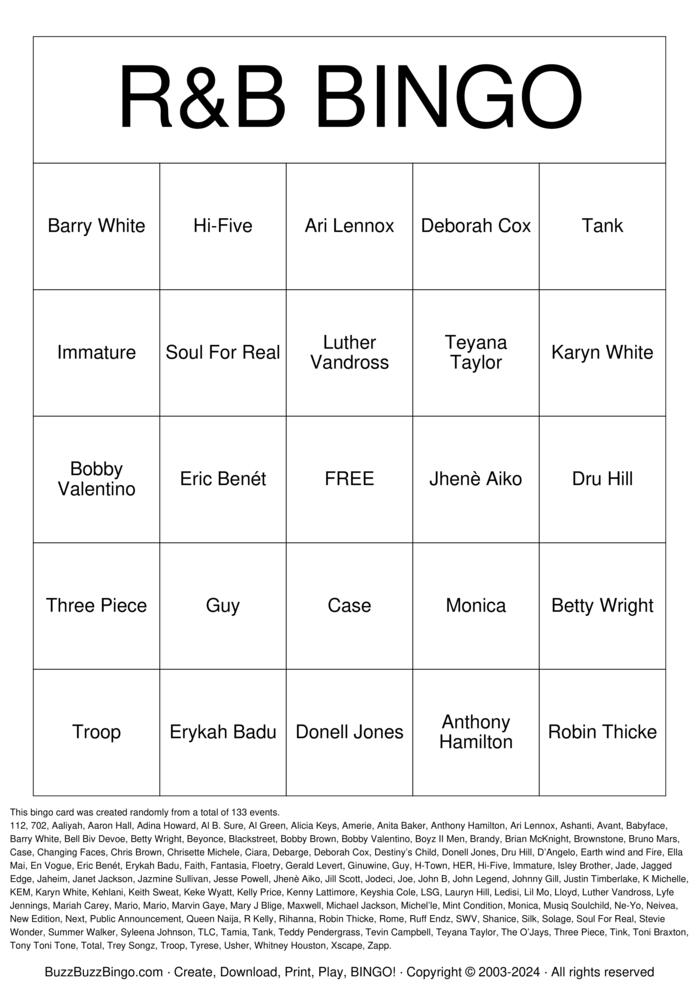 R&B BINGO Bingo Cards to Download, Print and Customize!