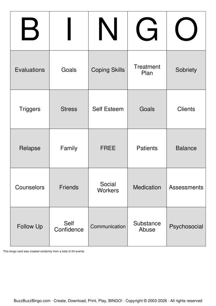 Download Free Relapse Prevention Bingo Cards