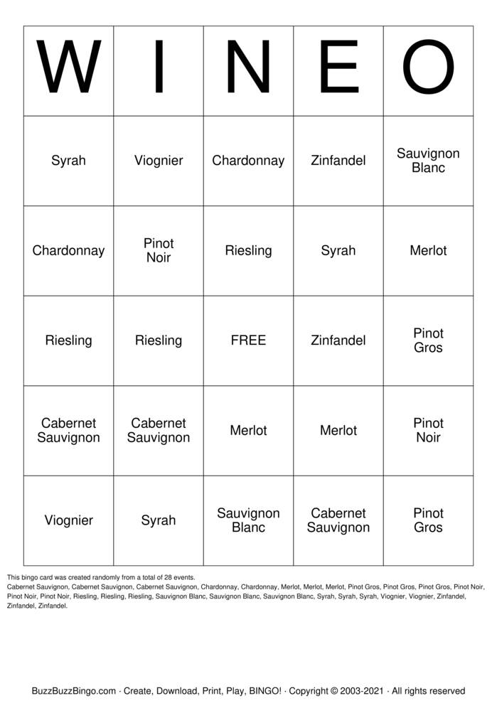 Wine0 Bingo Cards to Download, Print and Customize!