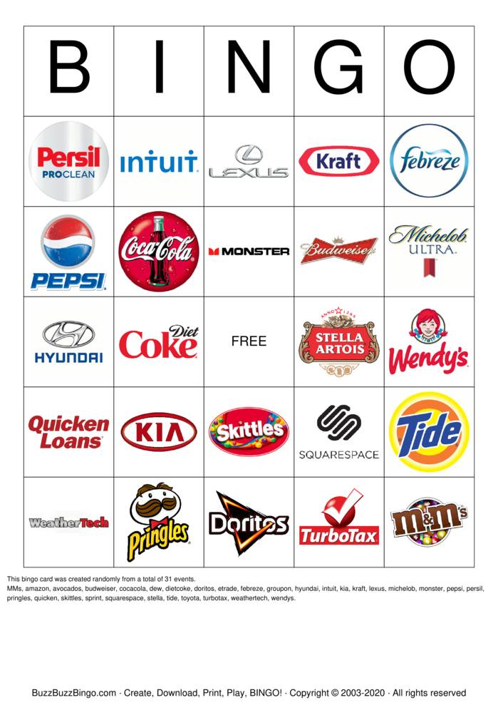 2018 Superbowl Commercial Logos Bingo Cards to Download, Print and ...