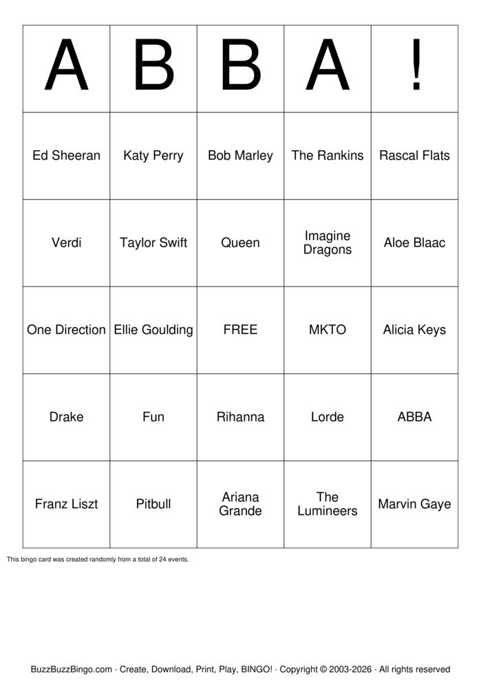 Download Free Abba Bingo Cards