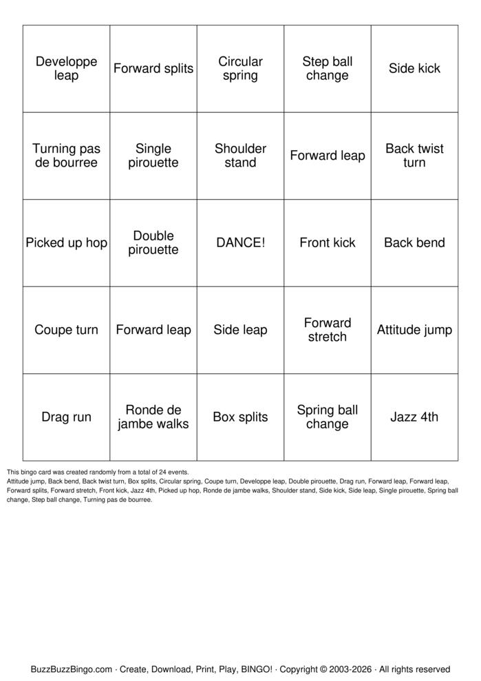 Download Free DANCE Bingo Cards