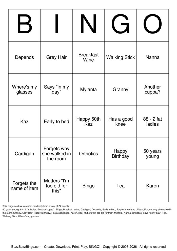 Download Free Granny Bingo Cards Download Free Granny Bingo Cards