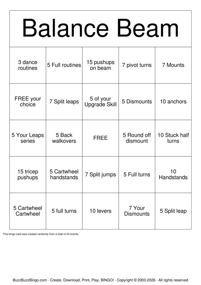 Download Free Gymnastics Bingo Cards