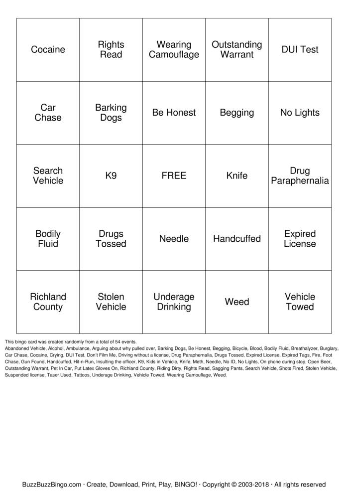 LIVE PD Bingo Cards to Download, Print and Customize!