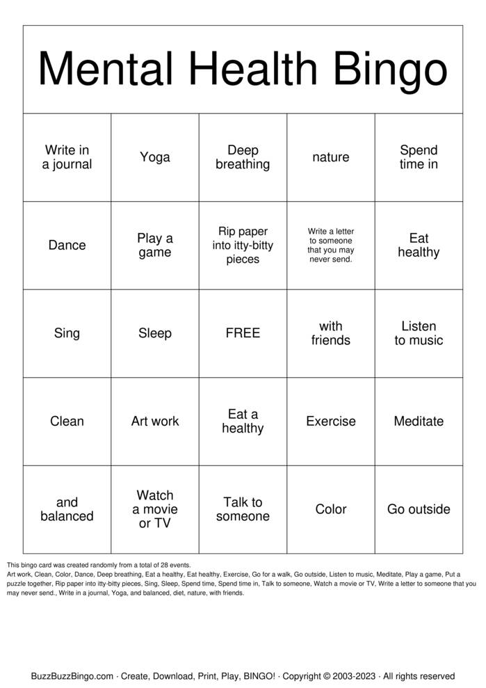 Mental Health Bingo Bingo Cards to Download, Print and Customize!