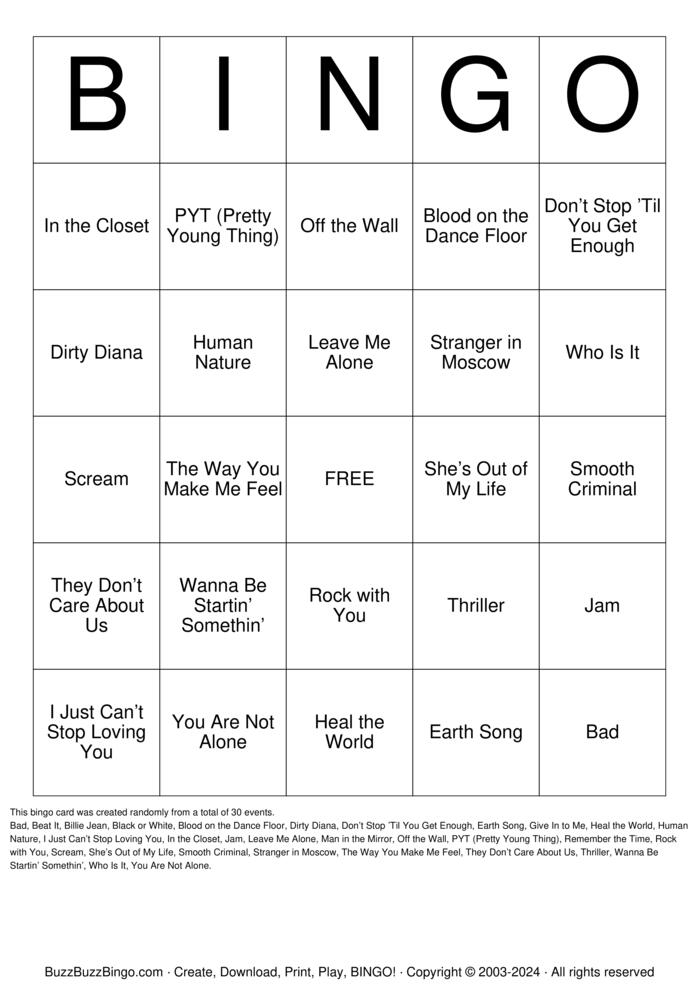 Download Free Michael Jackson Songs Bingo Cards