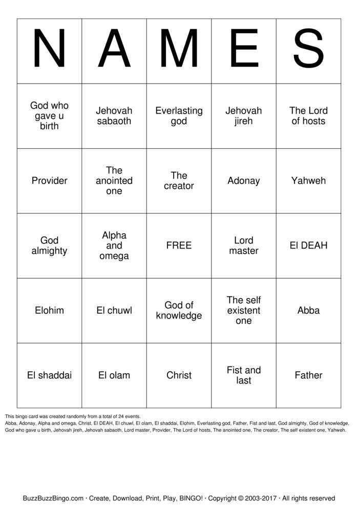 Download Free NAMES Bingo Cards