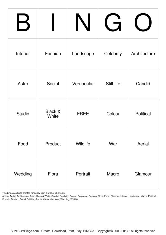 Download Free Photography Genres Bingo Cards Download Free Photography Genres Bingo Cards