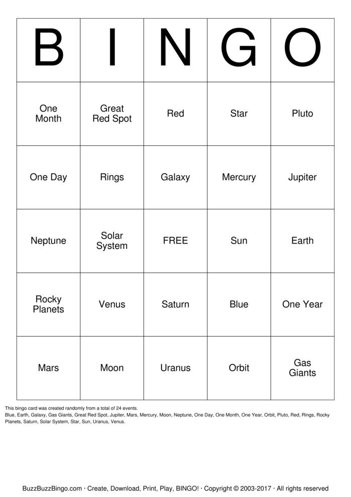 Planets Bingo Cards to Download, Print and Customize!