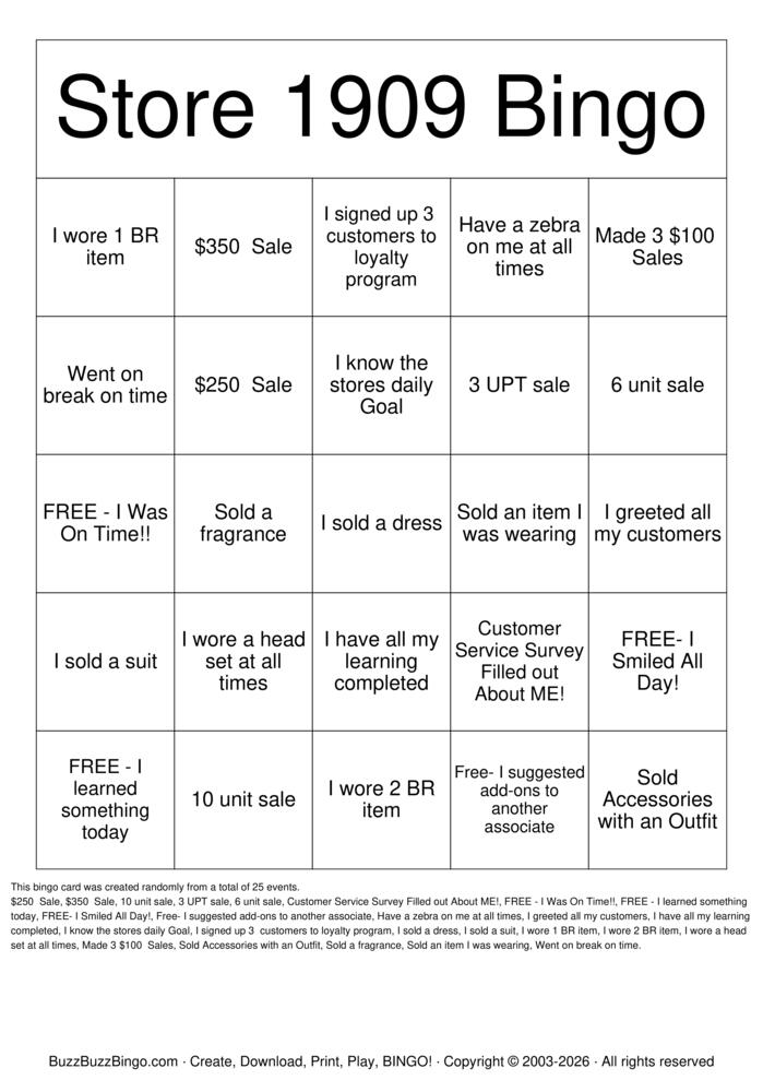Download Free Retail  Bingo Cards