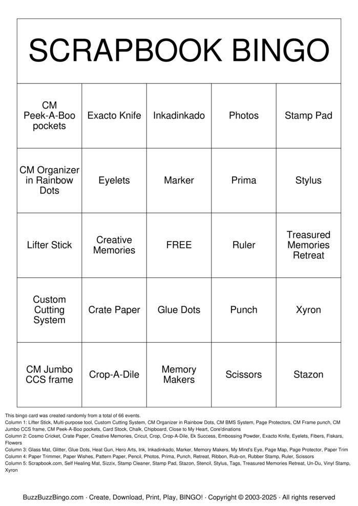 Download Free Scrapbook BINGO Bingo Cards