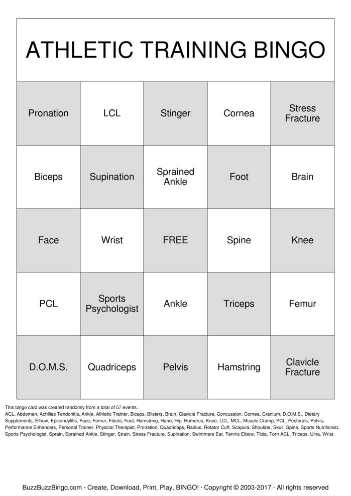 Download Free Sports Medicine Bingo Cards