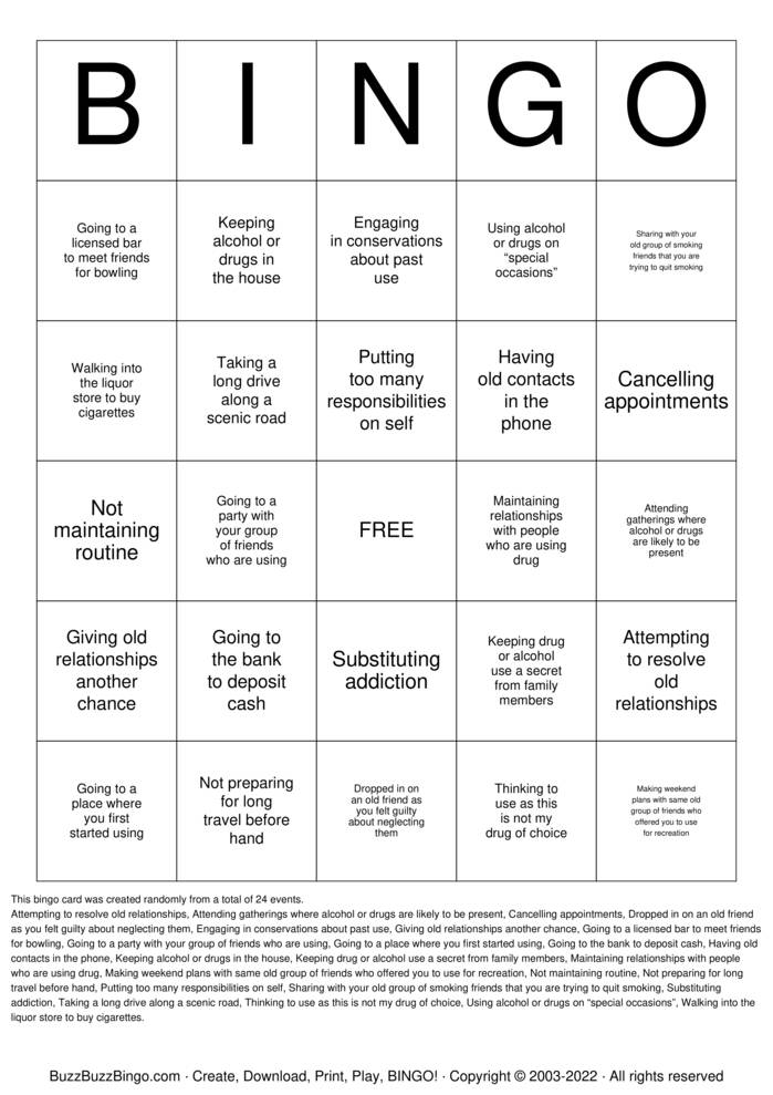Download Free Substance Abuse Recovery Bingo Cards