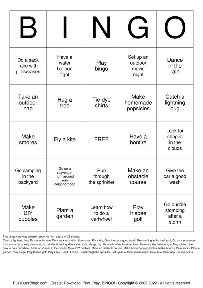 Download Free Summer Activities Bingo Cards