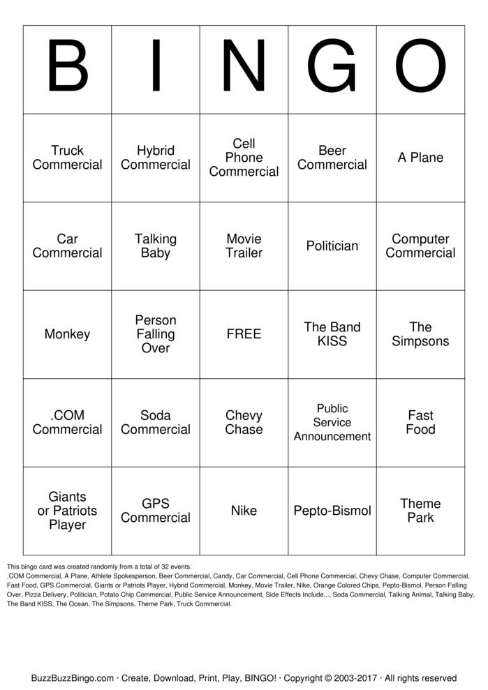 Superbowl Commercials Bingo Cards to Download, Print and Customize!