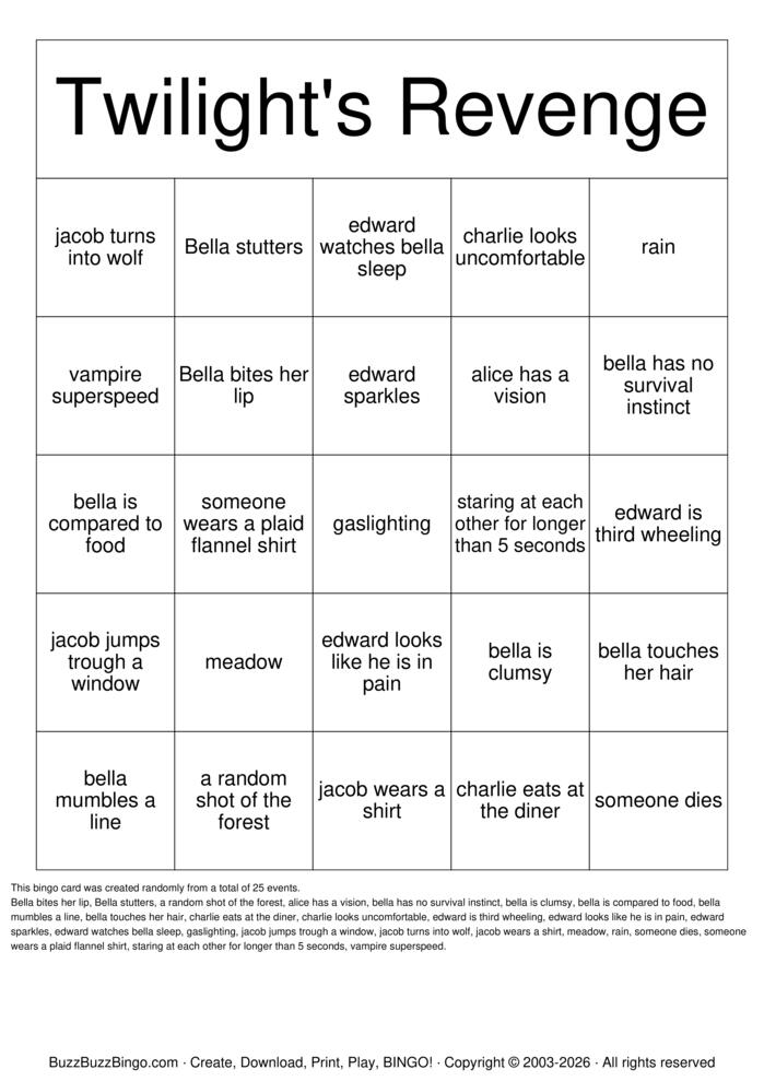 Download Free TWILIGHT BINGO Bingo Cards