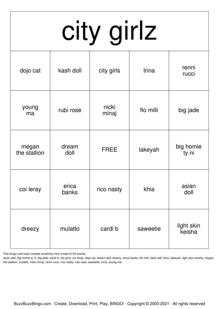 Download Free city girlz Bingo Cards